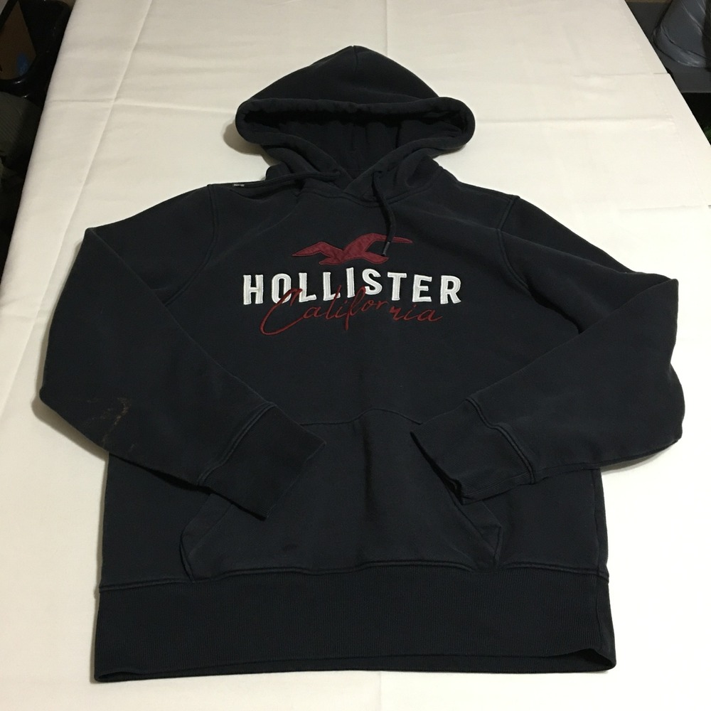 Hollister Y2K Hoodie Mens Small Black Embroidered Logo Pullover